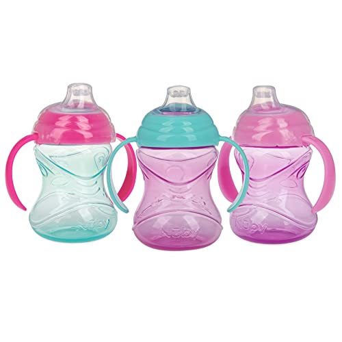 Nuby 3 Piece No-Spill Grip N Sip Silicone Cup with Soft Flex Spout, 2 Handle with Clik It Lock Feature, Girl,10 Ounce