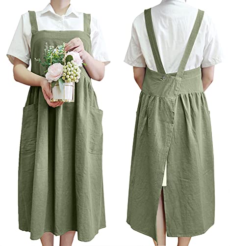 Women Cotton X-Back Aprons Garden Kitchen Florist Shop Painting Pinafore Overalls Working Smock with Two Pockets (Green, One Size)