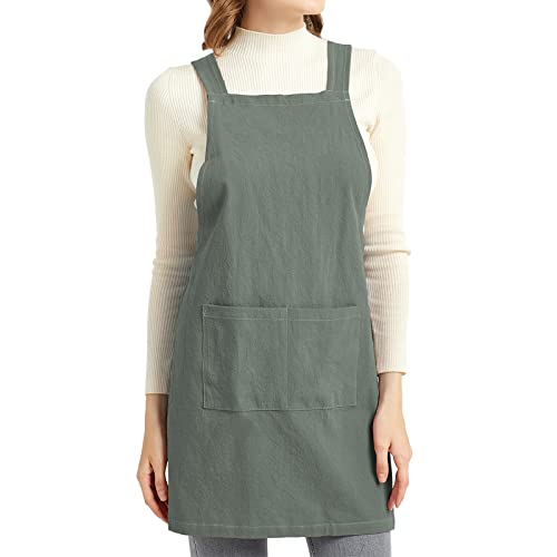 ELEZAY Aprons for Women with Pockets Plus Size Comfort Cross Back No Tie Cotton Linen Apron Pinafore for Cooking Painting Floral Arrangement Gardening Cleaning Small, Green