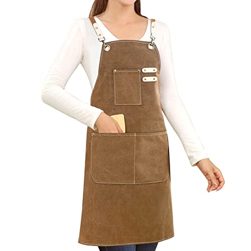 Hongsome Florist Barber Hair Stylist Apron Waterdrop Resistant Cotton Canvas Cosmetology Aprons Cross Back Crossback Brown
