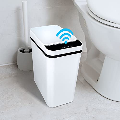 BIGEBAN Touchless Bathroom Trash Can with Lid, 2.5 Gallon Slim Smart Garbage Can, Automatic Motion Sensor Trash Can for Bathroom, Kitchen, Office, Bedroom, Living Room, Toilet (White)