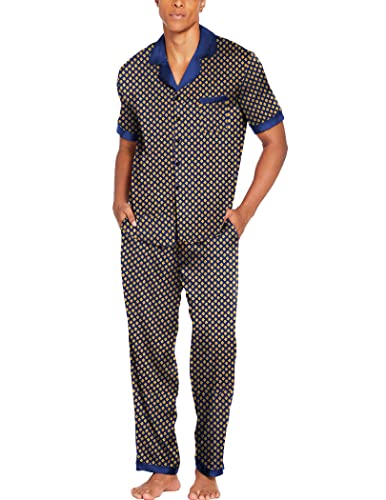 Ekouaer Men's Pajama Set Short Sleeve Loungewear Silky Sleepwear Button Down Long Silk Pj