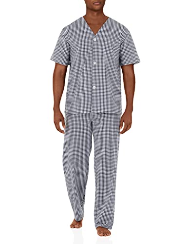 Fruit of the Loom Men's Broadcloth Short Sleeve Top and Long Pants Pajama Set, Navy/White Check, Large