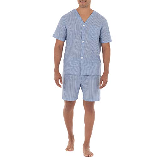 Fruit of the Loom Men's Broadcloth Short Sleeve Pajama Set, Blue Stripe, Medium