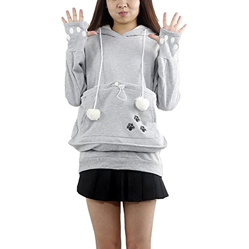 Ladyjiao Womens Mewgaroo Pet Holder Cat Eared kangaroo Pouch Sweatshirt Hoodie Gray Size XL