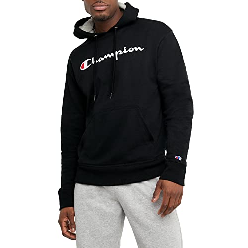 Champion Hoodie, Powerblend, Fleece, Comfortable Sweatshirt for Men (Reg. or Big & Tall), Black Script, Medium