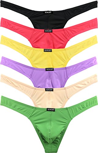 IKINGSKY Men's Silky Thong Sexy T-Back Mens Underwear Low Rise Stretch Underpanties (Medium, 6 Pack)