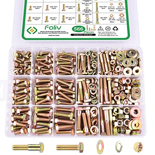 FOLIV 566Pcs Heavy Duty Bolts and Nuts Assortment Kit, Grade 8 Hex Screws Bolts Nuts Kit, 1/4-20 5/16-18 3/8-16, 15 Common Sizes Included