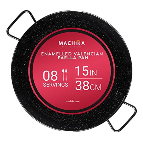 Machika Enamel Paella Pan | Paella Pan | Skillet for Paella and Rice Recipes | Perfect for Indoor & Outdoors | Easy Cleaning | Rust Proof Coating | 8 Servings | 15 inches |