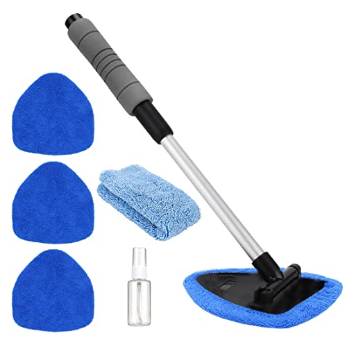 Gven Car Window Cleaner Windshield Cleaning Tool Auto Glass Cleaner Wand with Reusable Microfiber Aluminum Handle Glass Wiper Kit