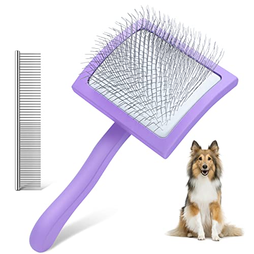 Dog Slicker Brush for Grooming Hair, Extra Long Pin Brush for Shedding Medium & Long Haired Cats, Professional Tools for Removes Loose Fur, Tangles, Knots, Undercoat - Large, Purple - Free Pet Comb