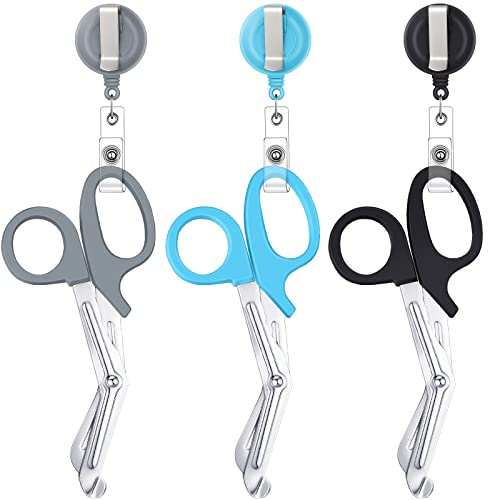 3 Pcs Trauma Shears Medical Scissors Compact Pocket Size Nursing Scissors with Retractable Badge Reels Stainless Safety Bandage Scissors Badge Reel Clip for Sewing Cloth General Use (Vivid Color)