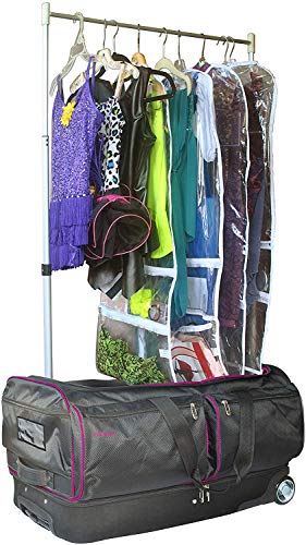 Ecogear 28" Dance Garment Rack Duffel,Costume Rack Duffel, Rolling Luggage with Large Rolling Wheeled Drop-bottom Duffel Bag, In-Line Wheel Easy Storage,Pink