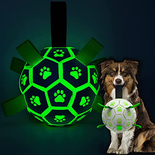 QDAN Glow in The Dark Dog Toys Soccer Ball with Straps, Interactive Dog Toys Puppy Birthday Gifts, Dog Tug Water Toy, Indoor/Outdoor Light Up Dog Balls for Small & Medium Dogs8 Inch Size 3