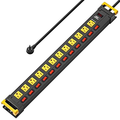 CRST Heavy Duty Power Strip Surge Protector with Individual Switches, 12 Outlets Power Strips with Cord Manager, 9FT, 1020J, 15AMP/1875W (Black+Yellow) for Garage, Workshop, Shop, Home.