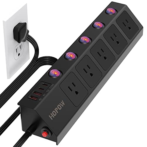 HOPOW Flat Plug Power Strip with Individual Switches, 10 Ft Ultra Thin Flat Extension Cord, 5-Outlet Surge Protector with 2 USB-C (20W PD) & 2 USB-A, 1700 Joules, Wall Mount for Home Office, Black
