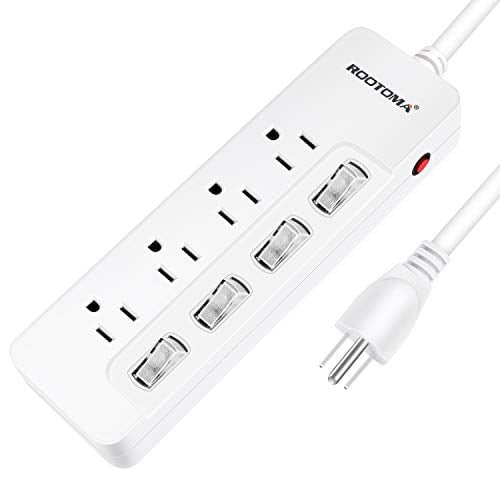 ROOTOMA Power Strip Surge Protector with Individual Switches,ETL Certified,6-Foot 14AWG Long Extension Cord 1875W/15A Wall Mount for Office Dorm Home Theatre (4outlets-6ft)