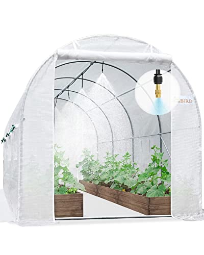 KING BIRD Upgraded 15x6.6x6.6FT Large Walk-in Greenhouse Heavy Duty Galvanized Steel Frame 2 Zippered Screen Doors 8 Screen Windows Tunnel Garden Plant Hot Green House w/ Irrigation Watering Kit White