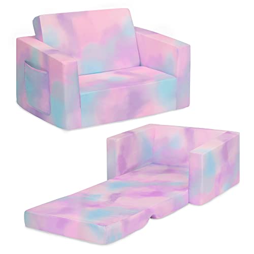 Delta Children Cozee 2-in-1 Convertible Sofa to Lounger - Comfy Flip Open Couch/Sleeper for Kids, Pink Tie Dye