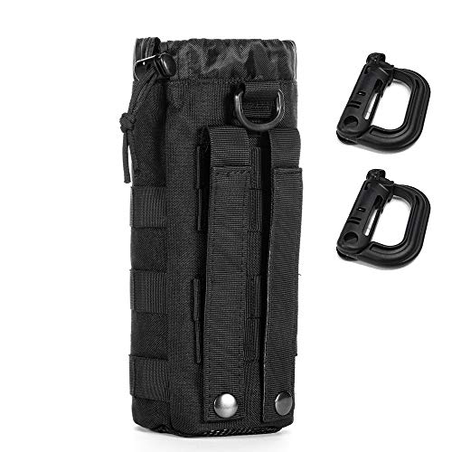 Upgraded Sports Water Bottles Pouch Bag, Tactical Drawstring Molle Water Bottle Holder Tactical Pouches, Travel Mesh Water Bottle Bag Tactical Hydration Carrier (Black-1Pack)