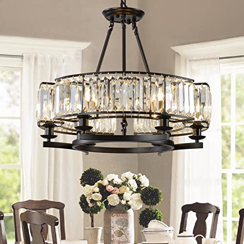 yomay Vintage Crystal Chandelier Black 6 Lights Hanging Ceiling Light Fixture Iron Frame Pendant Lighting for Farmhouse Decoration Dining Table Living Room