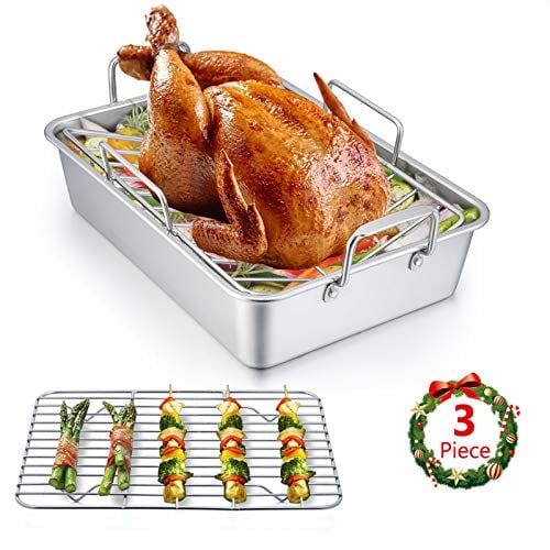 Roasting Pan with Rack Set, E-far 14 Inch Stainless Steel Turkey Roaster with V Rack & Baking Rack for Oven Broiling Cooking Chicken Deep Lasagna, Heavy Duty & Dishwasher Safe - Small