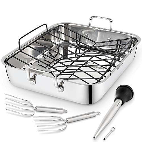 Rorence Roasting Pan with Rack: 16-Inch Stainless Steel Rectangular Turkey Roaster pan with Nonstick V-Shaped Rack for Thanksgiving Christmas  Set of 5
