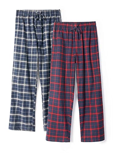 DAVID ARCHY Men's Flannel Pajama Pants Soft Cotton Sleep Bottoms with Fly PJ Lounge Wear in 2 Pack (M, Navy Blue Plaid/Maroon Plaid)