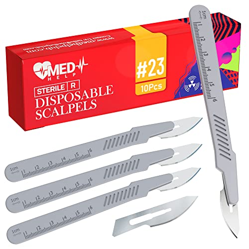 MedHelp Disposable Scalpel 23 Dermaplaning Tool Scalpel Blades with Plastic Handle, High Carbon Steel Dermablade Blades. #23 Surgical Blades, Sterile  Box of 10