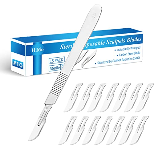 15 Pack Surgical Blades #10 with Stainless Steel Scalpel Handle, High Carbon Steel Dermablade Blades Individually Wrapped Sterile for Dermaplaining, Podiatry, Crafts & More