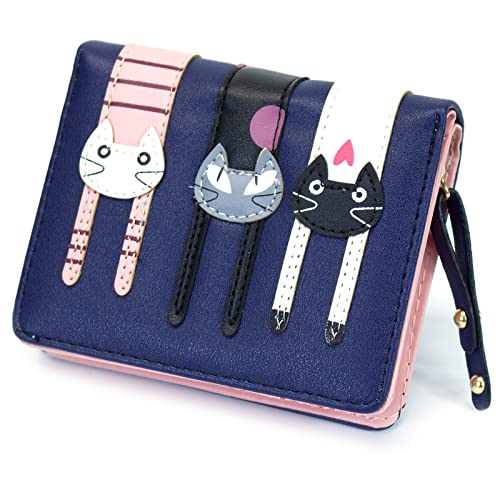 Valentoria Birthday Gifts for Women's Mini Faux Leather Bifold 3 Cat Design Clutch Wallet (Navy Blue)