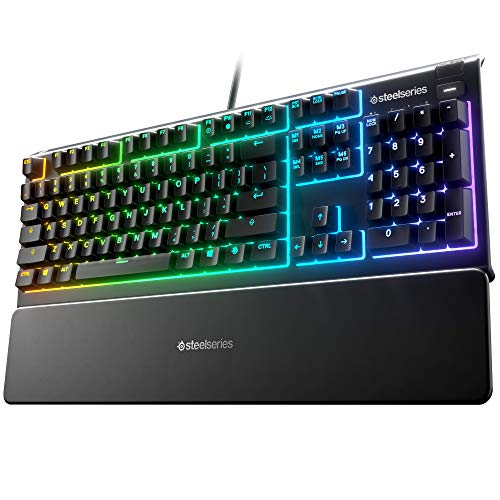 SteelSeries Apex 3 RGB Gaming Keyboard  10-Zone RGB Illumination  IP32 Water Resistant  Premium Magnetic Wrist Rest (Whisper Quiet Gaming Switch)