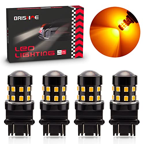 BRISHINE 4-Pack Super Bright 3157 3156 3057 4057 4157 LED Bulbs Amber Yellow 9-30V Non-Polarity 24-SMD LED Chipsets with Projector for Turn Signal Lights, Side Marker Lights