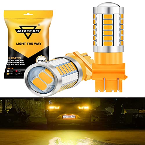 Auxbeam 3157 Led Turn Signal Light, 3157 3156 T25 P27/5W LED Bulbs with Projector Replacement for Brake Lights and Tail Light, Low Power Super Bright Amber Light, Pack of 2