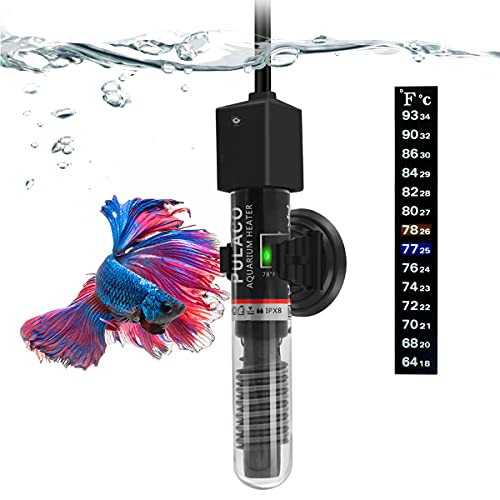 PULACO 25W Small Aquarium Betta Heater with Free Thermometer Strip, Under 6 Gallon Fish Tanks (Preset Temperature 78)