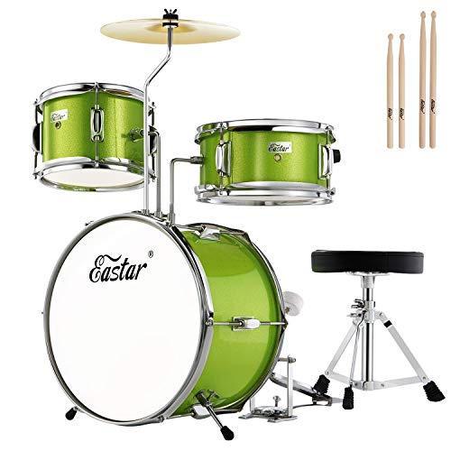 Eastar EDS-180G 14 inch 3-Piece Kids/Junior Drum Set with Throne, Cymbal, Pedal & Drumsticks,Metallic Green