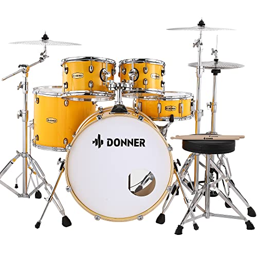 Donner Drum Set Adult with Practice Mute Pad,5-Piece 22 inch Full Size Acoustic Drum Kit for Beginner,Yellow- DDS-520