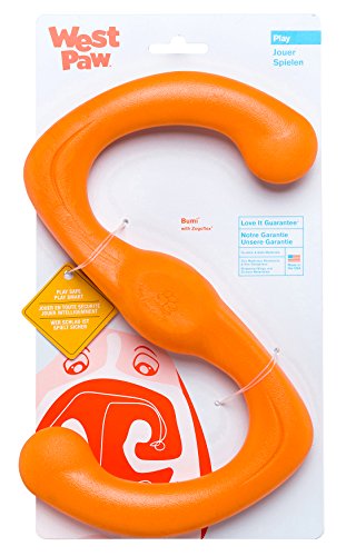 West Paw Zogoflex Bumi Dog Tug Toy  S-Shaped, Lightweight Chew Toys for Fetch, Play, Pet Exercise  Tug of War Soft Flinging Squishy Chewy Toy for Dogs  Guaranteed, Latex-Free, Large 9.5", Tangerine