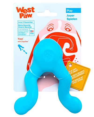 WEST PAW Zogoflex Tizzi Treat Dispensing Dog Toy  Interactive Play Toy for Dogs, Puppies  Floatable, High-Flying Dog Toys for Fetch, Catch, Tug of War, Recyclable, Dishwasher Safe, Small 4.5", Aqua Blue