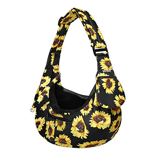 MOSISO Dog Cat Carrier Sling Bag, Small Pet Carrier Sunflower Tote Bag Hands Free Adjustable Padded Strap Breathable Polyester Soft Carrying Travel Shoulder Bag with Front Pocket for Dogs Cats, Black