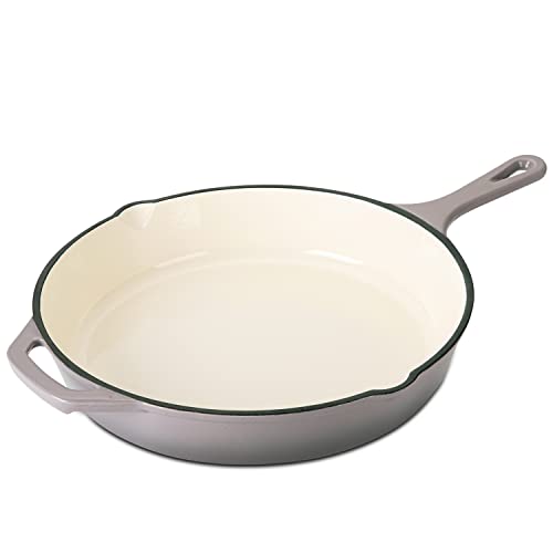 Hamilton Beach Enameled Cast Iron Fry Pan 12-Inch Gray, Cream Enamel coating, Skillet Pan For Stove top and Oven, Even Heat Distribution, Safe Up to 400 Degrees, Durable and Dishwasher Safe