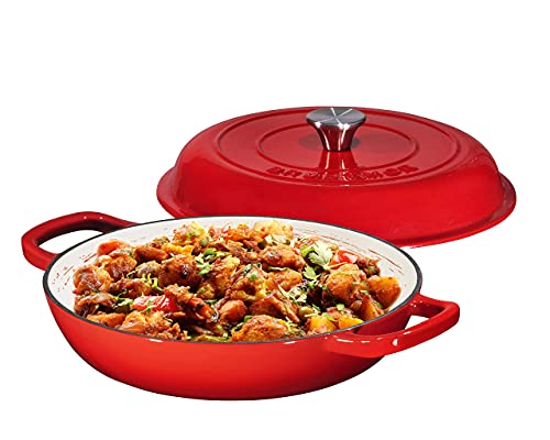 Bruntmor 3.8 Quart Enamel Cast Iron Dutch Oven With Handles And Lid, 3.8 Qt Gradient Red Cast Iron Skillet, Enamel Shallow Cookware Braising Pan For Casserole Dish, Crock Pot Covered With Cast Iron