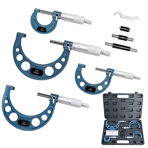 Rigckoml Outside Micrometer Set, 0-4" Machinist Micrometer, 0.0001" Graduation Micrometer Set, 4 Pcs Machinist Tool Set, Alloy Precision Micrometer, Laser-Etched Micrometer Standard Set with Case