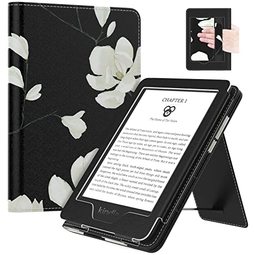 MoKo Case Fits All-New 6" Kindle (11th Generation, 2022 Release)/ Kindle (11th Gen,2019)/Kindle (8th Gen, 2016), Ultra Lightweight PU Shell Cover with Auto Wake/Sleep, Black & White Magnolia