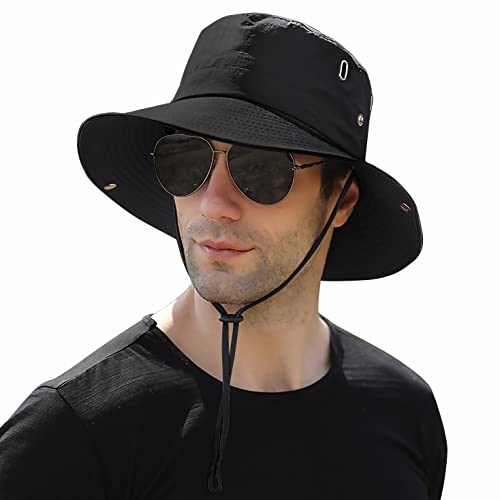 Muryobao Men Sun Hat Summer Wide Brim UPF 50+ UV Protection Bucket Cap Waterproof Foldable Boonie Hats for Safari Fishing Hiking Black