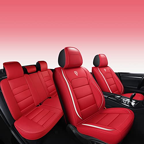 INCH EMPIRE Seat Cover 5 Seats Full Set Universal Fit for Most Vehicle Sedan SUV Truck Pickup Airbag Compatible Synthetic Leather Car Seat Cushion Protector All Weather Adjustable (Red Straight Line)