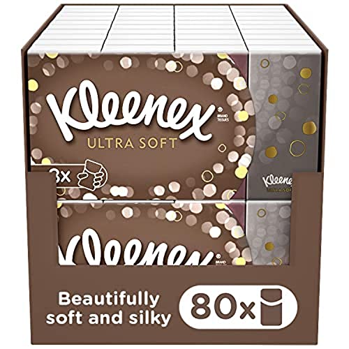 Kleenex Ultra Soft Facial Tissues in Handy Pocket Packs - 80 Travel Pocket Packs - Our Softest Tissue - Supremely Soft And Silky Tissues Designed With Luxury In Mind