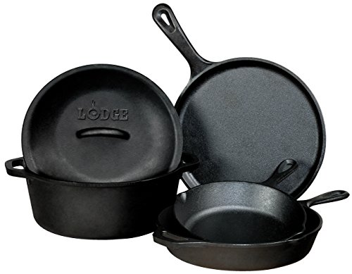 Lodge Seasoned Cast Iron 5 Piece Bundle. 10.5" Griddle, 8" Skillet, 10.25" Skillet, 10.25" Dutch Oven, and 10.25" Lid