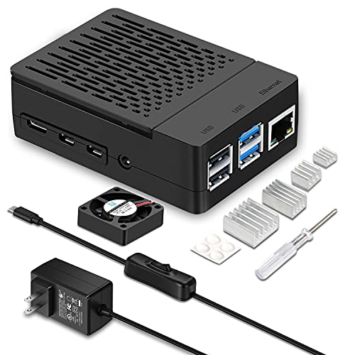 [20W 5V 4A] Raspberry Pi 4 Case, with iUniker 20W 5V 4A USB C Raspberry Pi 4 Power Supply with Switch Heatsink 40mm Cooling Fan for Pi 4 4 8gb/4gb/2gb