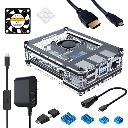 Miuzei Case for Raspberry Pi 4 with Fan, 3A USB-C Power Supply, 1.5M Micro HDMI Cable, HDMI-Micro HDMI Adapter, 4 Aluminum Heat Sinks, USB Card Reader (Raspberry Pi 4 Not Included